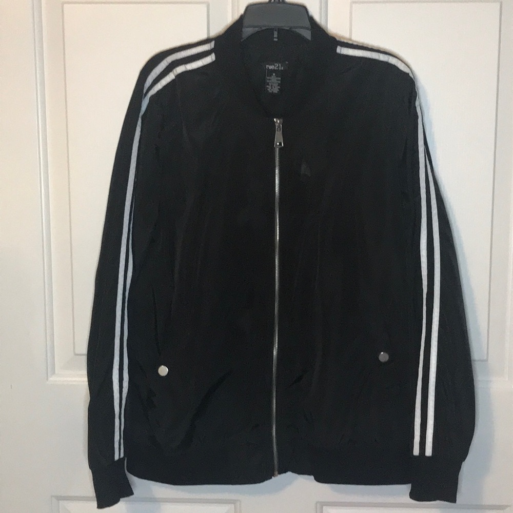 Black jacket with white stripped sleeves